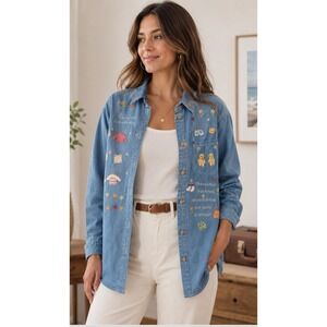 Cuseberry Embroidered Denim Button Down Shirt Blue Vacation Teddy Bear Large